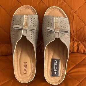 Taupe Perforated Bow-Accent Slip-On Mules